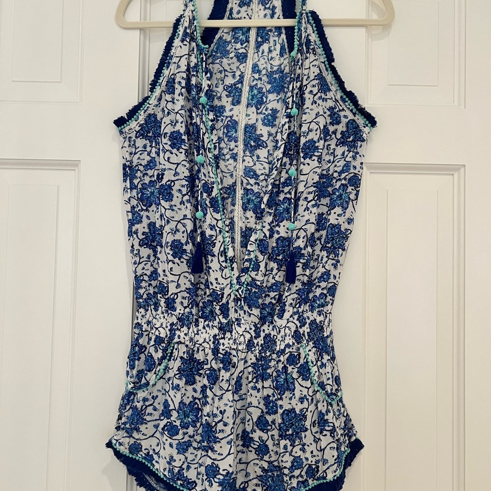 Poupette St. Barth Blue and White Floral Jumpsuit